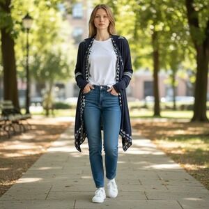 Haute Project LA Cardigan Women M Black Embroidered Boho Draped Open Front